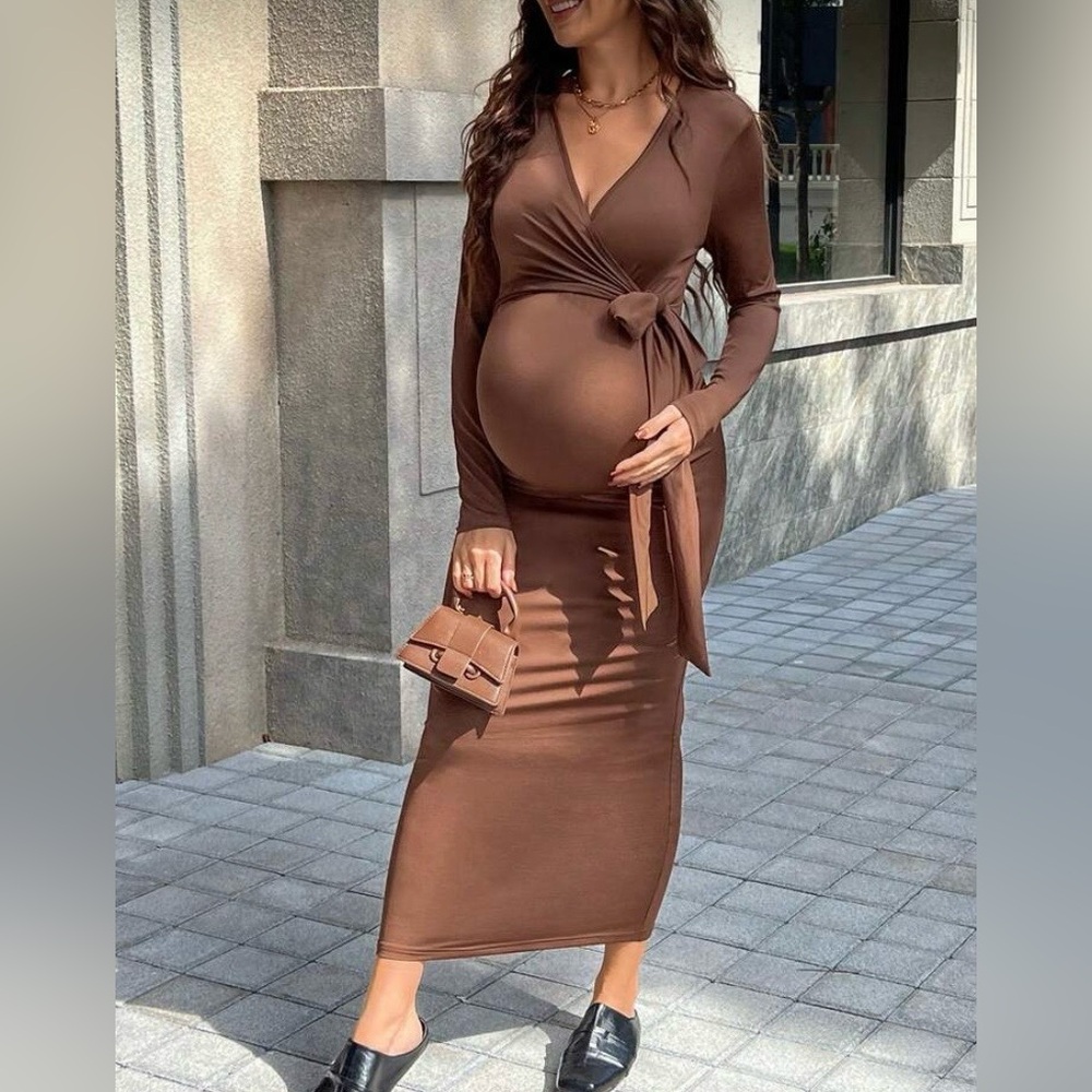 Brown Long Sleeve Maternity Dress